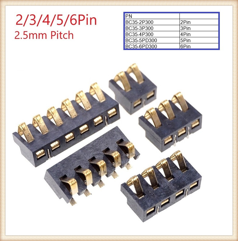 Spring Compression Contact 2.5 mm Pitch 2 3 4 5 6 Pin Male Connector Surface Mount Battery Reflow Solder PCB