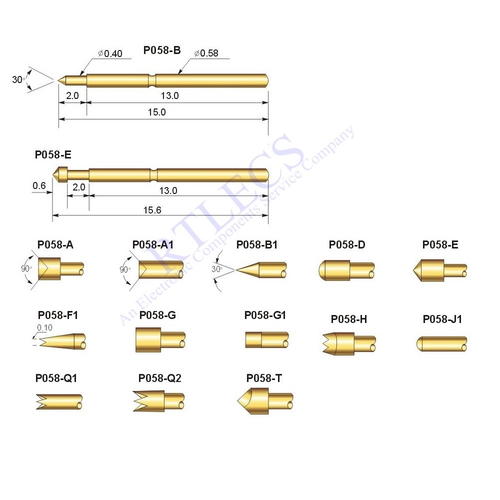 1.0 MM Pitch Min Spring Test Probe P058 Bare PCB Testing Pin 0.58 Dia Gold plated TIP Styles Sockets to Order