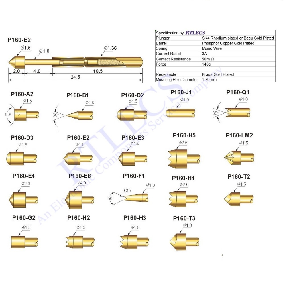 Bare PCB 2.54 Pitch Spring Test Probe P160 Pogo Pin 24.5 MM Length 1.36MM Diameter Gold Plated TIP Styles to Order