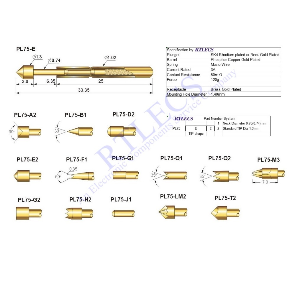 Bare PCB 1.91 Pitch Spring Test Probe PL75 Pogo Pin 33.35MM Length 1.02 MM Diameter Gold plated TIP Styles to Order
