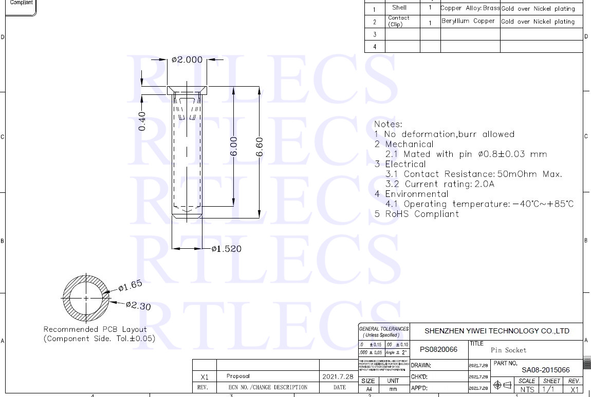 PCB Solder Pin Receptacle For TC2050-Clip TC2050-NL Diameter 0.8 MM Plug Press-fit Contact Clip Pre-loaded Socket
