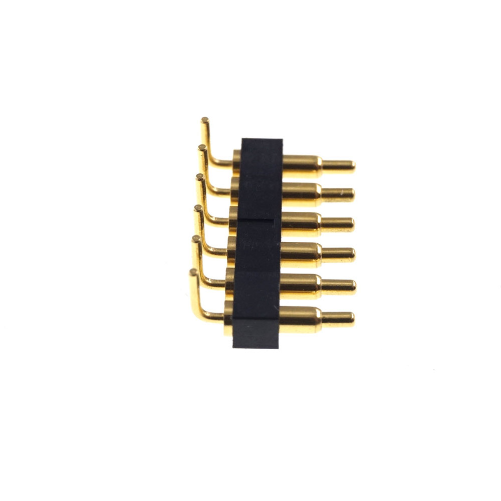 Spring Loaded Pogo Pin Connector 6 Pin 2.54 mm Pitch 8.8 mm Height Through Holes PCB Right Angle Edge Mount PCB Solder