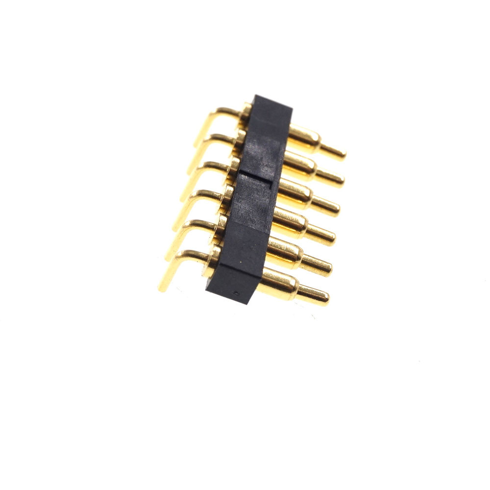 Spring Loaded Pogo Pin Connector 6 Pin 2.54 mm Pitch 8.8 mm Height Through Holes PCB Right Angle Edge Mount PCB Solder